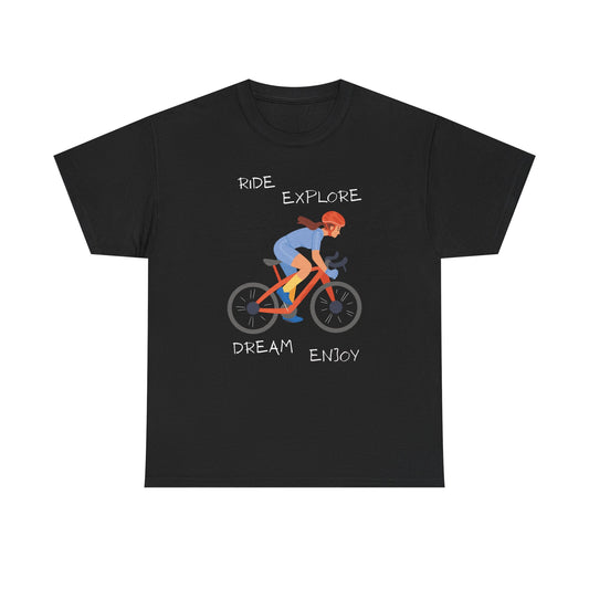 Cycling Graphic Tee – "Ride Explore Dream Enjoy" Bicycle Shirt