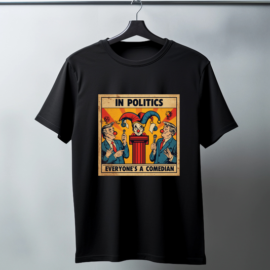 Political Comedy T-Shirt • "In Politics Everyone’s a Comedian" Vintage Poster Tee